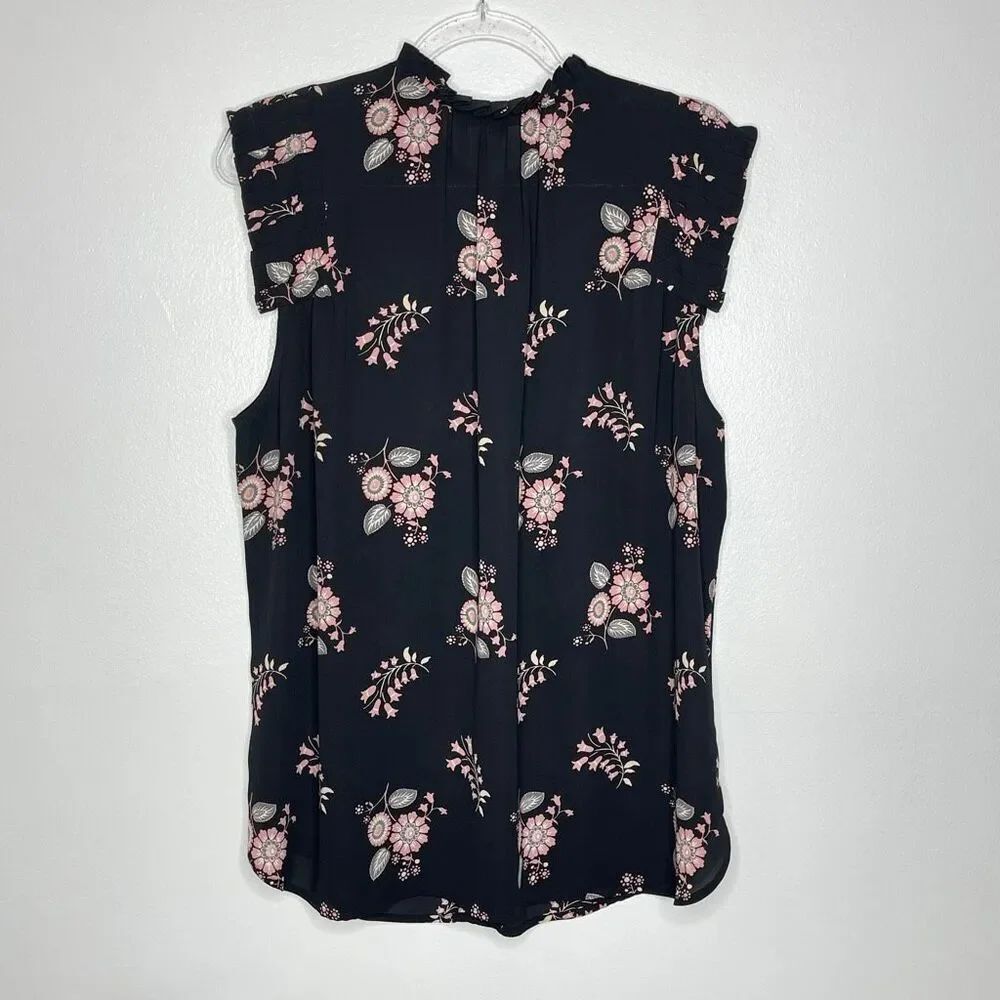 Loft LOFT Black Pink Floral Ruffle Edge Split Neck Sleeveless Blouse Women’s XL - Picture 2 of 9